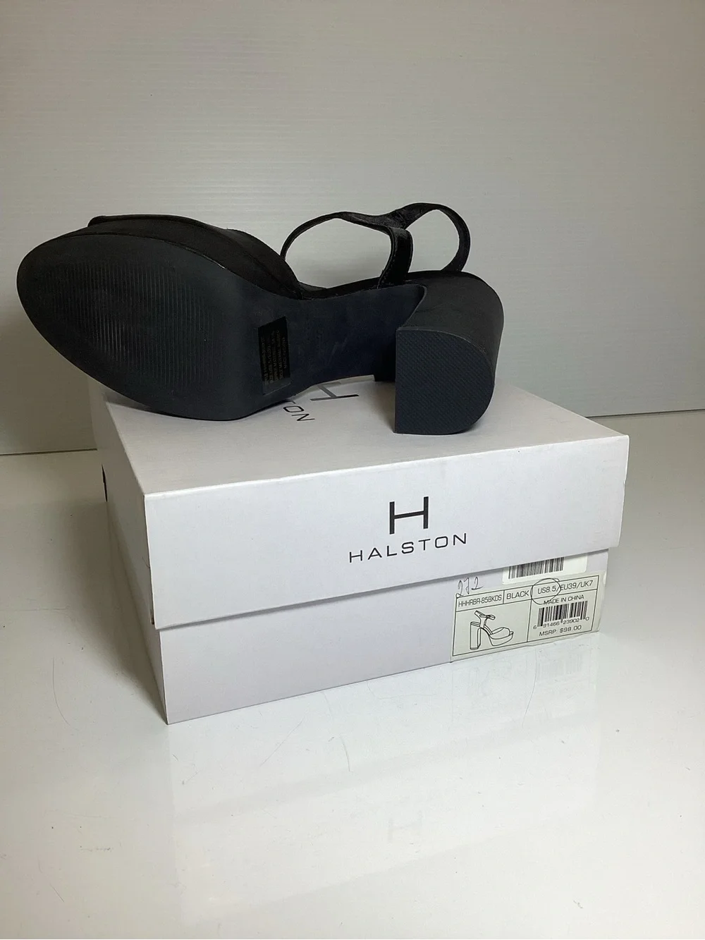 Halston black satin platform sandals